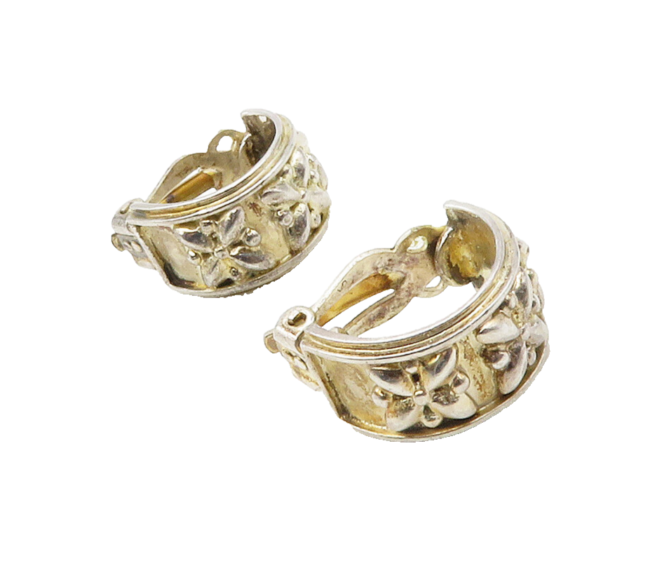 925 Sterling Silver  Vintage Shiny Flowers Non Pierce Hoop Earrings  EG8356