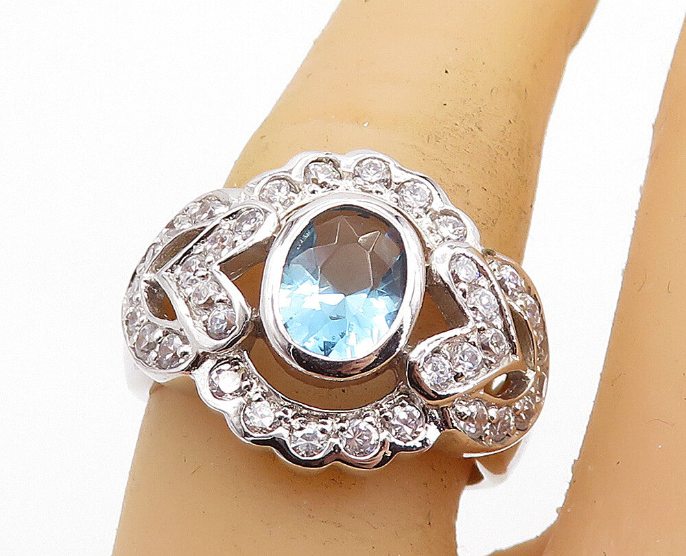 925 Sterling Silver  Blue & White Topaz Love Heart Cocktail Ring Sz 7  RG6062