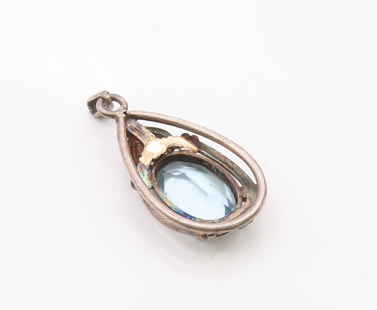 EUROPEAN 925 Silver  Vintage Blue Topaz Open Pear Shaped Pendant  PT21022