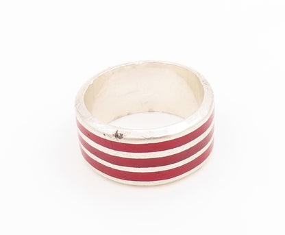 925 Sterling Silver Vintage Ring Red Enameled Wide Stripes Band  Sz 7  RG36092