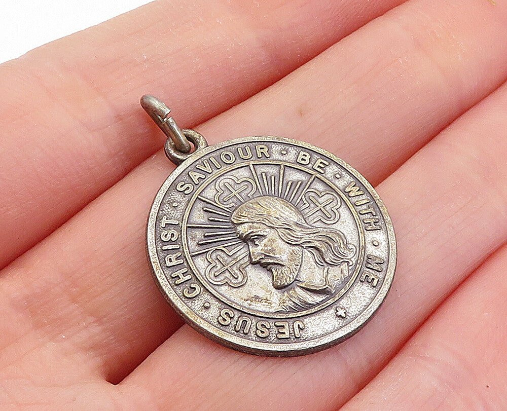 925 Sterling Silver Vintage Antique Oxidized Jesus Be With Me Pendant PT4087
