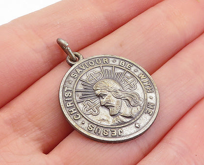 925 Sterling Silver Vintage Antique Oxidized Jesus Be With Me Pendant PT4087