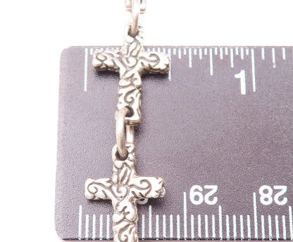 925 Sterling Silver Vintage Necklace Religious Swirly Carved Cross Linked NE4271