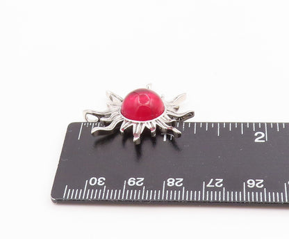 925 Sterling Silver Vintage Pendant Cabochon Ruby Sunburst Cutout Charm  PT26256