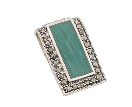 925 Sterling Silver Vintage Pendant Classic Malachite & Marcasite Charm  PT26024