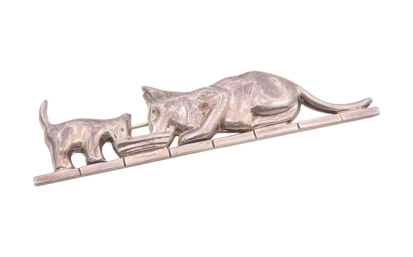 925 Sterling Silver Vintage Brooch MEXICO Cat & Kitten Sharing Meal Pin  BP12084