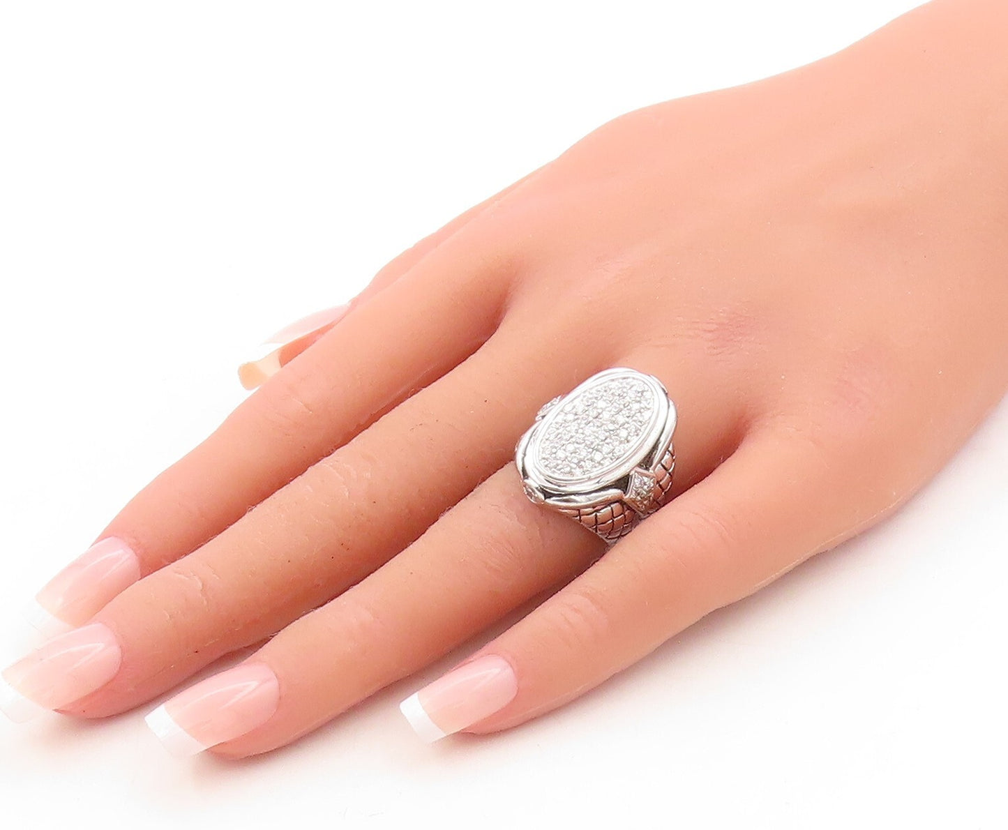 925 Sterling Silver Vintage Ring Net Design Etched Oval CZ Inlay  Sz 6  RG31320