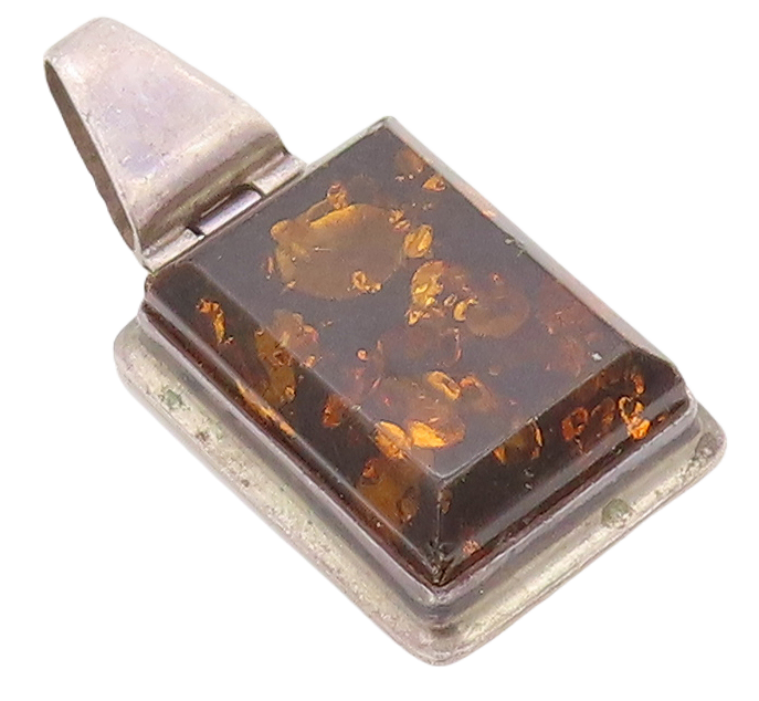 925 Sterling Silver Vintage Pendant Rectangle Cabochon Honey Amber  PT23551