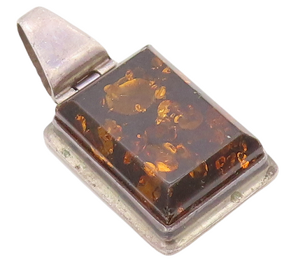 925 Sterling Silver Vintage Pendant Rectangle Cabochon Honey Amber  PT23551