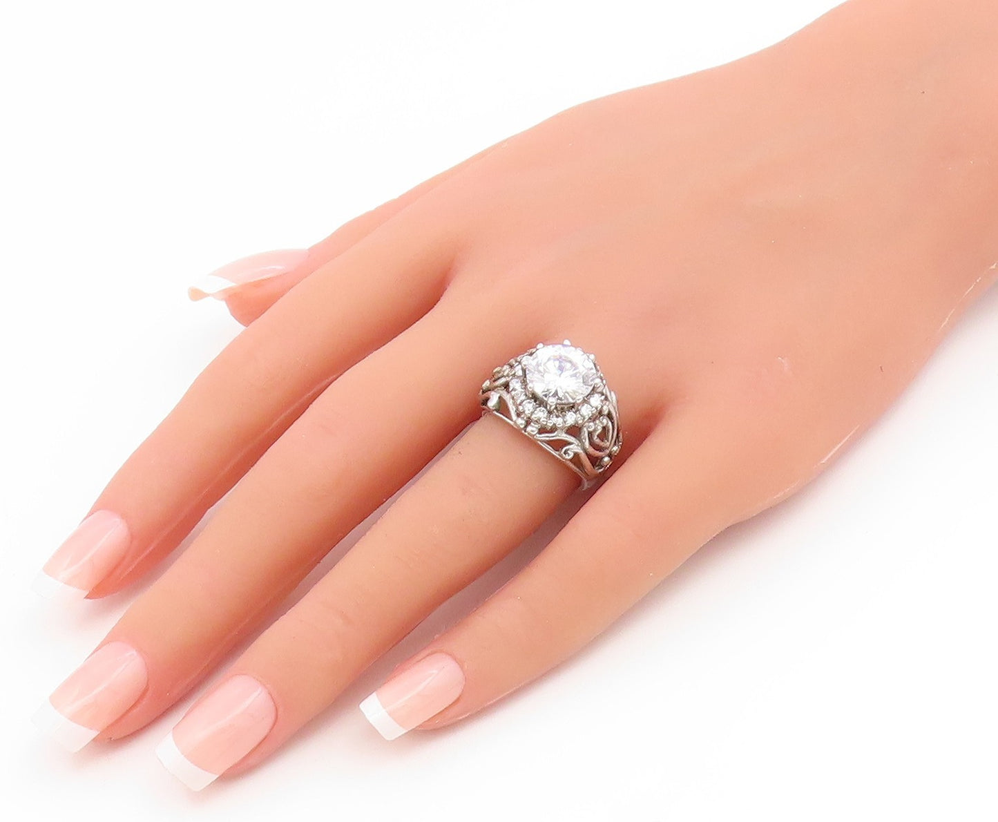 925 Sterling Silver Vintage Ring CZ Intricate Openwork Design  Sz 7.5  RG35223