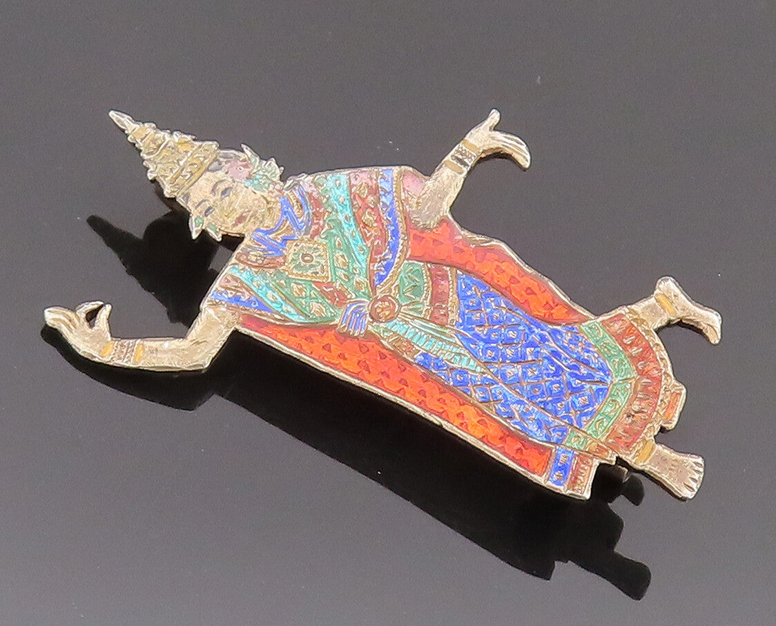 925 Sterling Silver Vintage Brooch Pin SIAM Enameled Girl Folk Dancing  BP10697