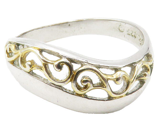 925 Sterling Silver  Shiny Two Tone Swirl Vine Dome Band Ring Sz 7  RG14345