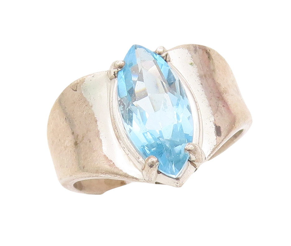 925 Sterling Silver Vintage Ring Solid Marquise Cut Blue CZ  Sz 10.5  RG29087