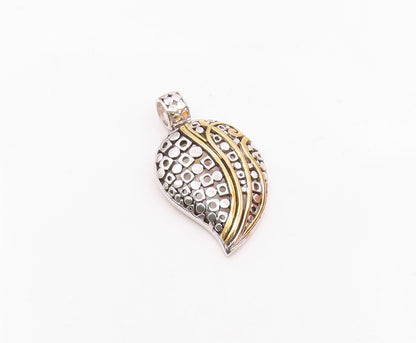 925 Sterling Silver  Shiny Two Tone Swirl Detail Floral Leaf Pendant  PT8502