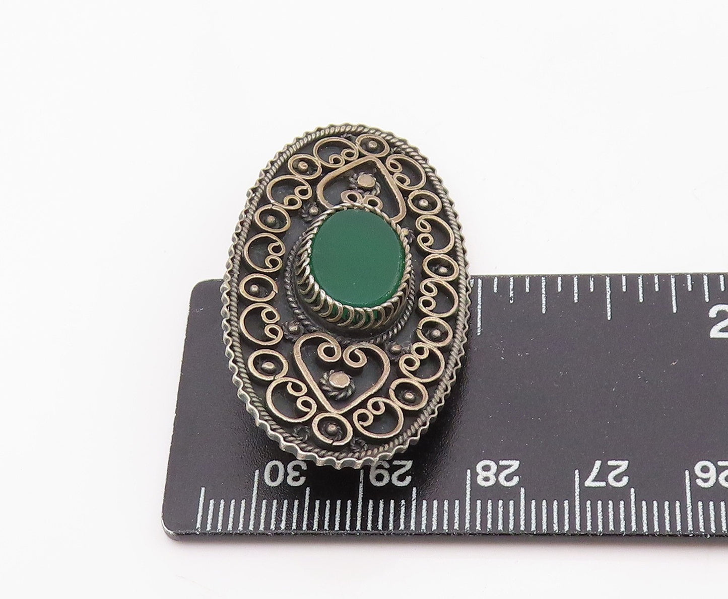 925 Sterling Silver Vintage Brooch ISRAEL Green Onyx Intricate Knotwork  BP12077