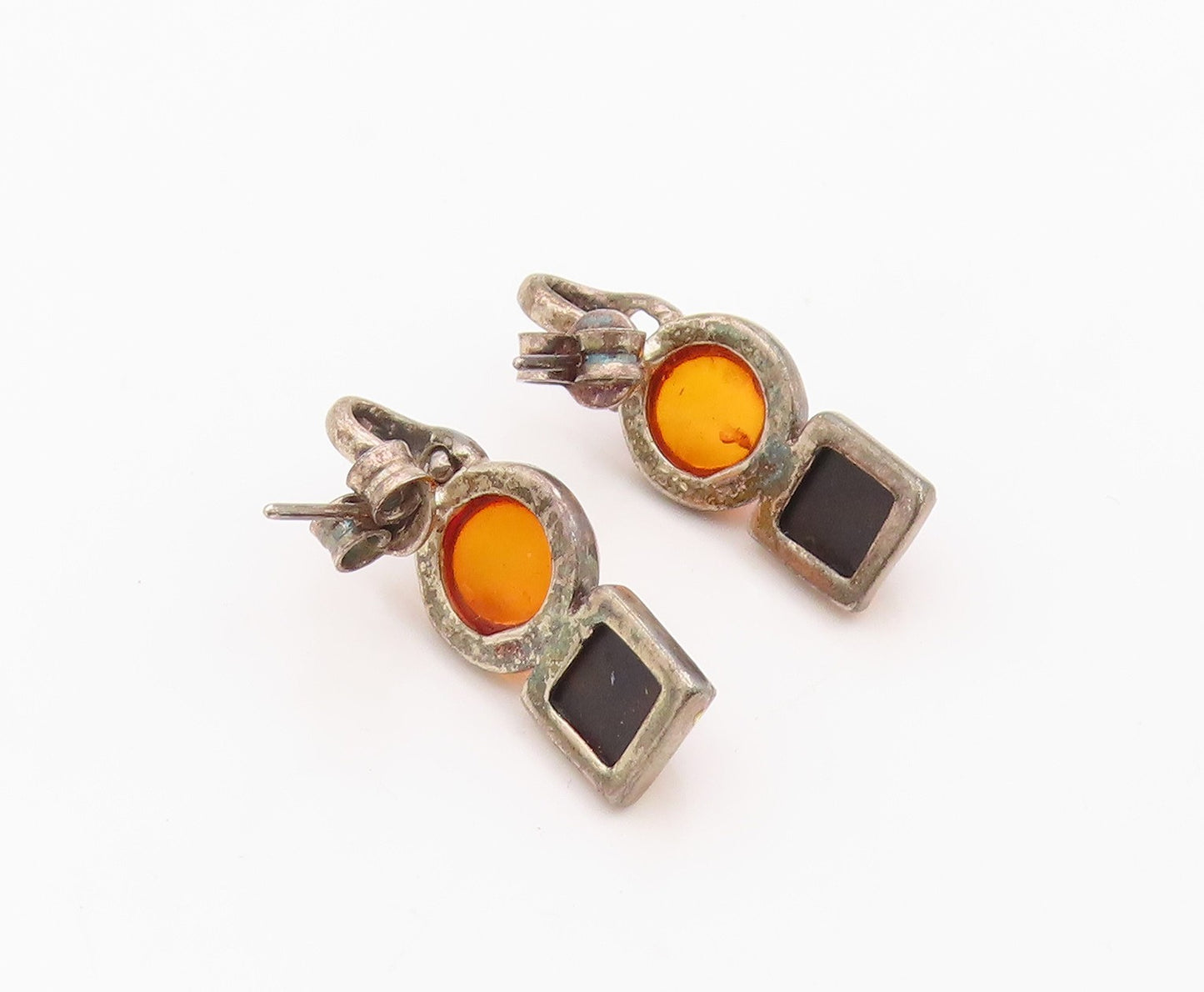 925 Sterling Silver Vintage Earrings Bold Cabochon Amber Geometric Drop  EG14367