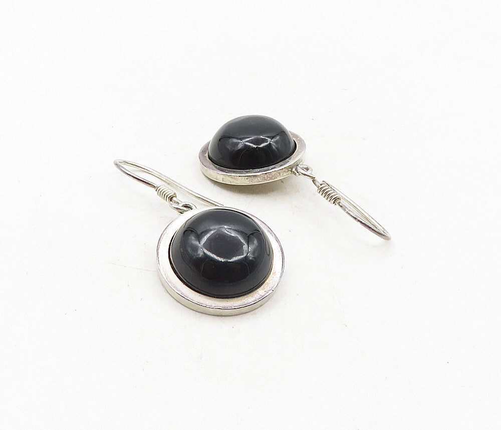 MEXICO 925 Silver  Vintage Cabochon Cut Black Onyx Dangle Earrings  EG4673