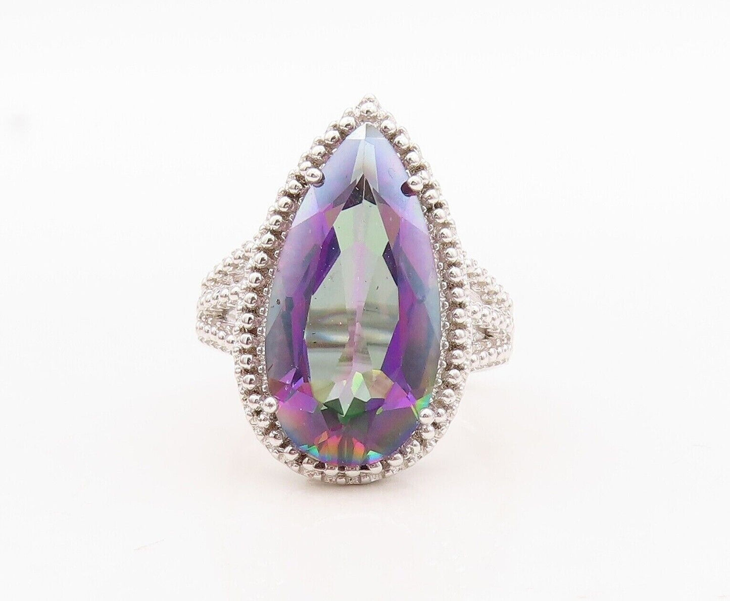 925 Sterling Silver Vintage Ring Drop Cut Mystic Topaz Carved  Sz 7.5  RG30014