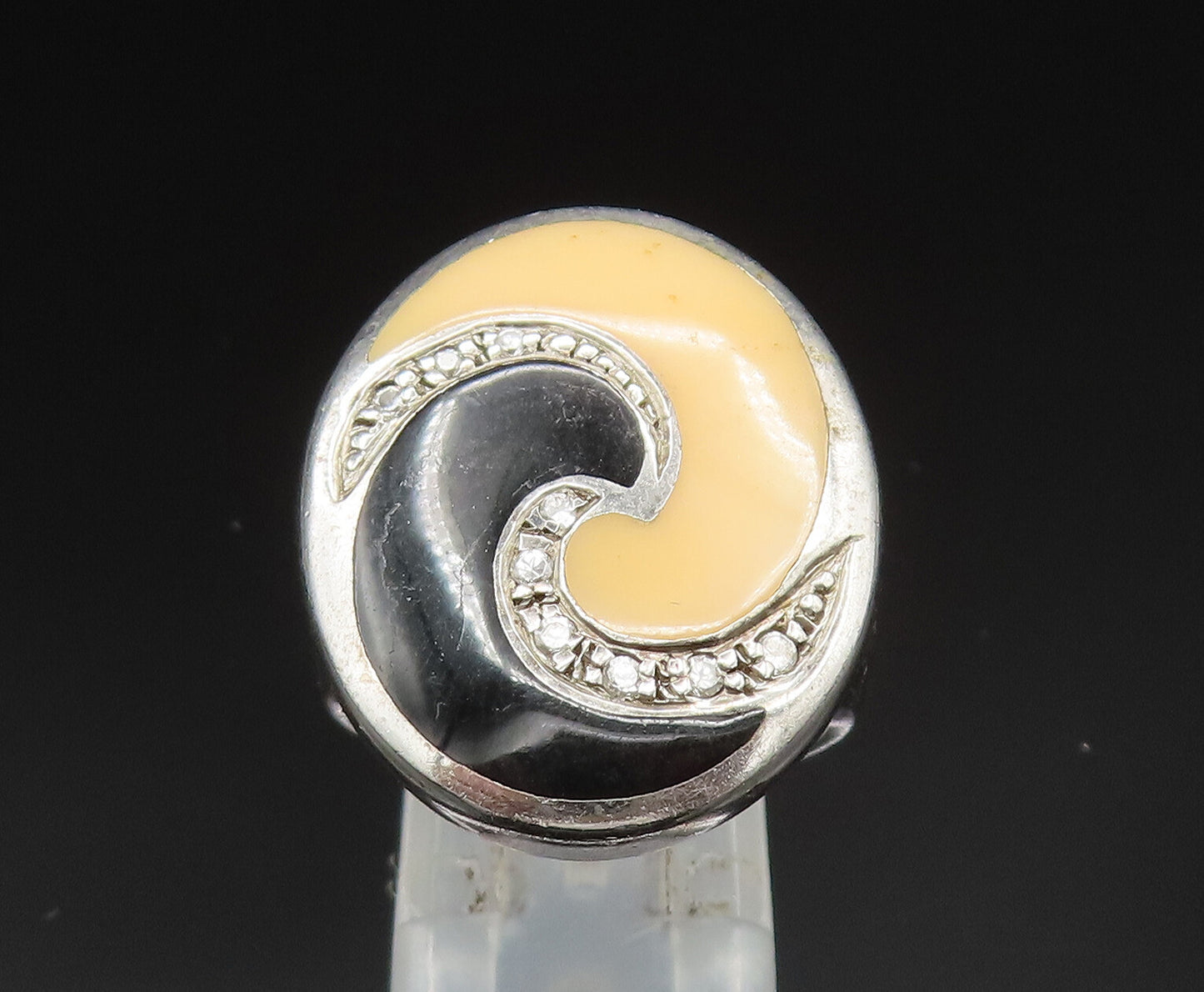 DAVID SIGAL 925 Silver  Vintage Onyx & Topaz Spiral Wave Ring Sz 8  RG24882