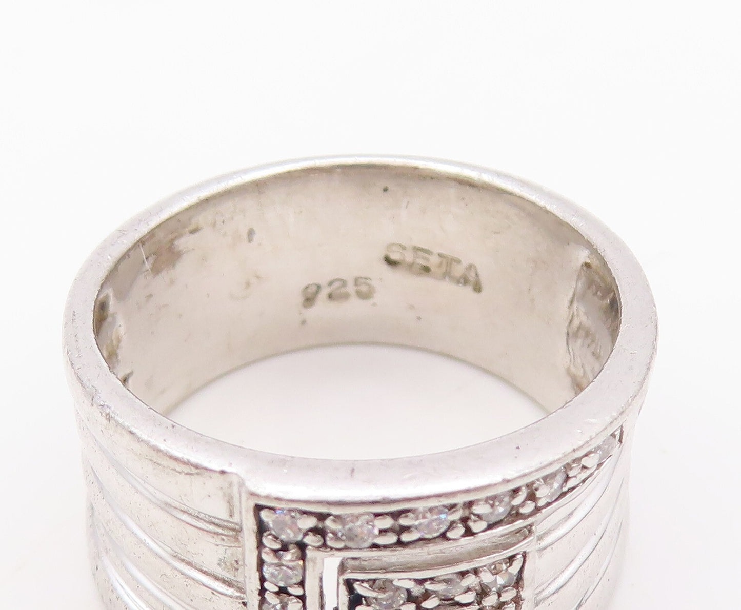 925 Sterling Silver Vintage Ring Designer Carved 5 CZ Inlay  Sz 10  RG31136