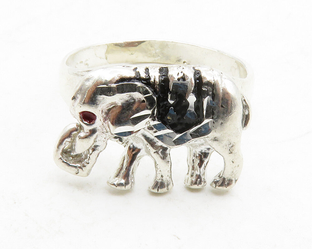925 Sterling Silver  Vintage Red Topaz Eye Elephant Band Ring Sz 9.5  RG13164