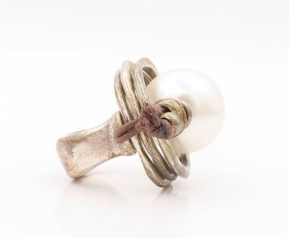 925 Sterling Silver Vintage Ring UNO DE 50 Large Cutout Pearl  Sz 7.5  RG31463