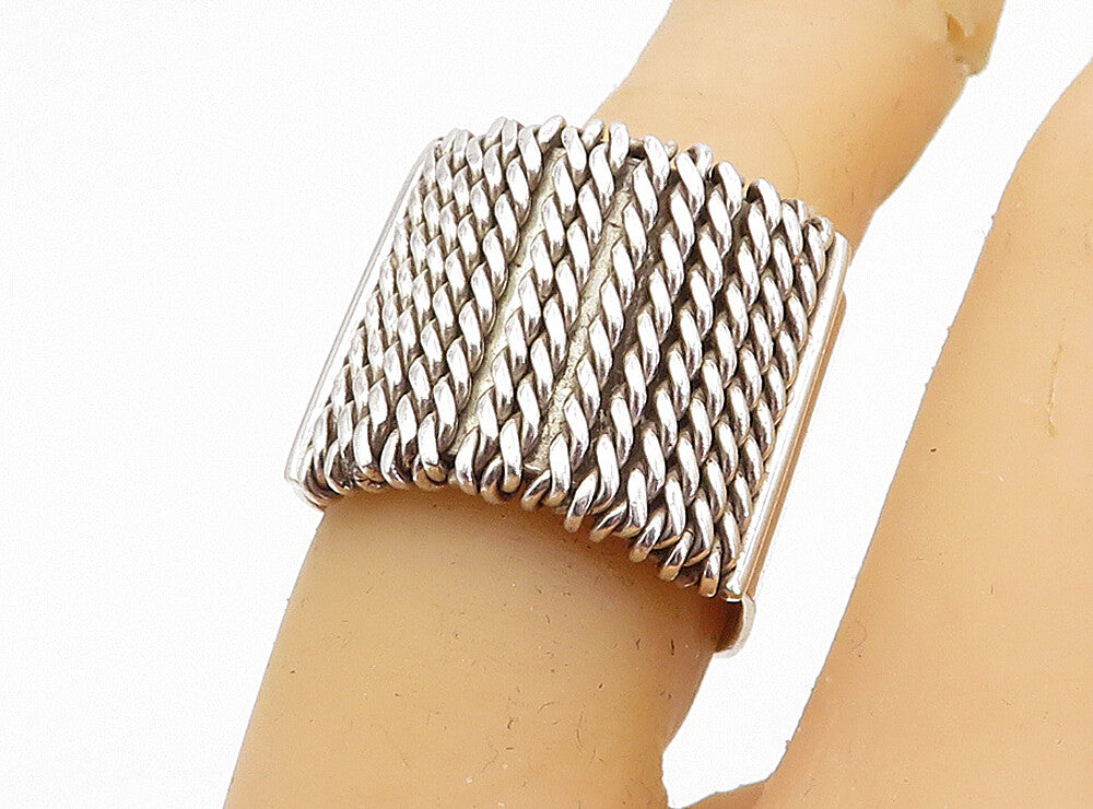 925 Sterling Silver  Vintage Shiny Twist Detail Square Band Ring Sz 6.5 RG4057