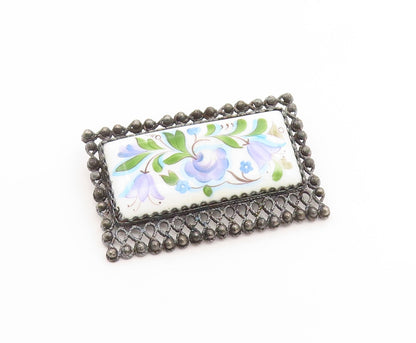 925 Sterling Silver Vintage Brooch Pin Antique Enamel Bellflower Blossom BP12397