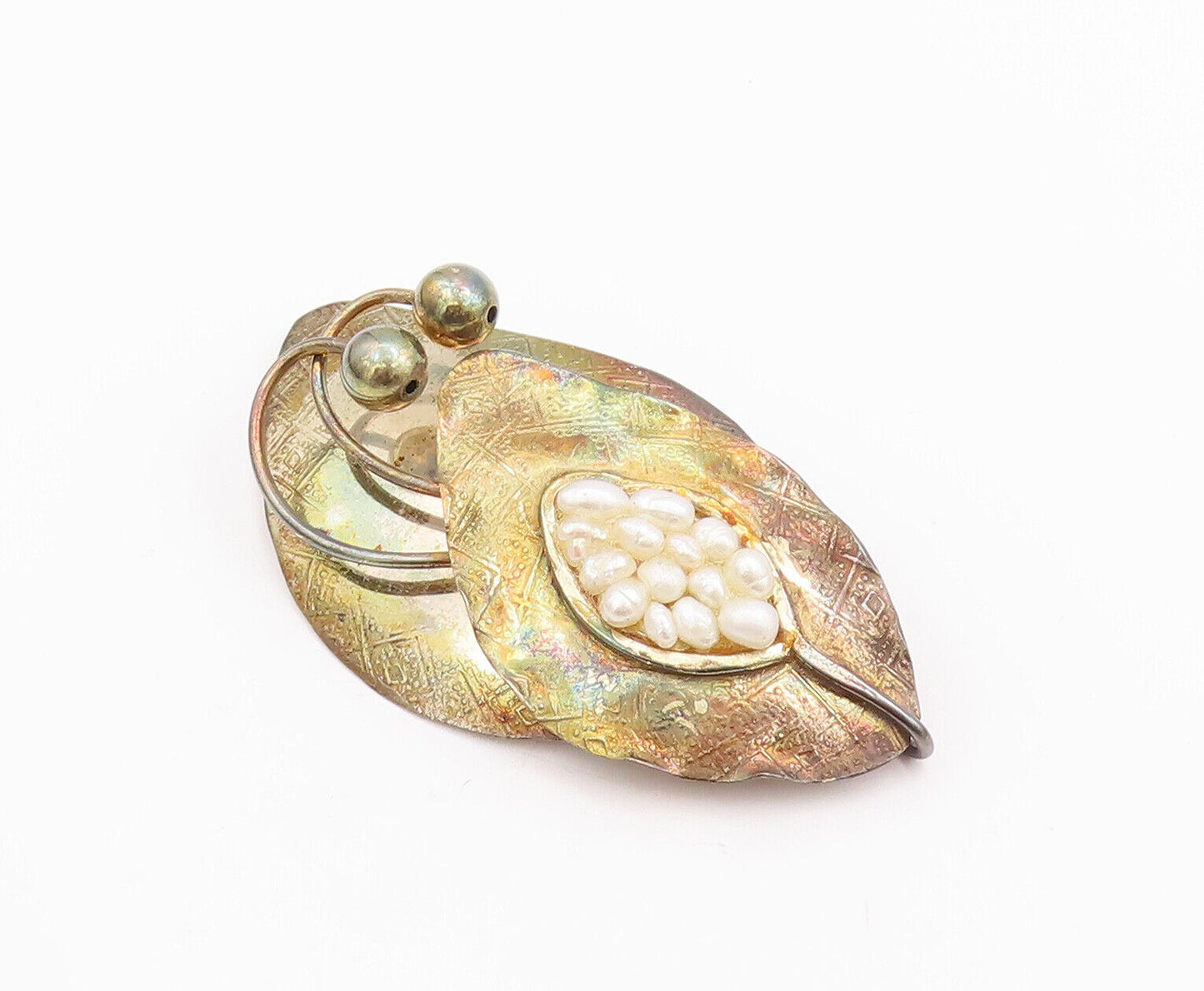 925 Sterling Silver Vintage Brooch Pin Designer Leaf Amorphas Pearls  BP10950