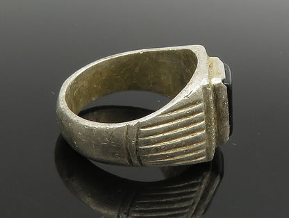 925 Silver  Vintage Rectangular Black Onyx Scalloped Band Ring Sz 8  RG24650