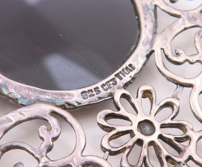 925 Sterling Silver  Vintage Black Onyx Floral Baroque Swirl Pendant  PT15438