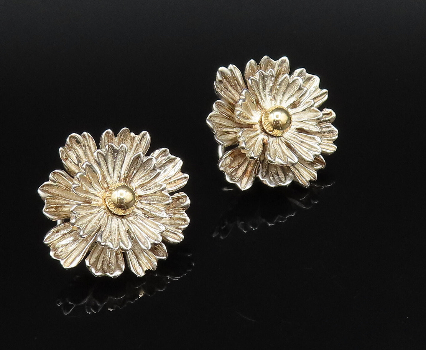 ESPO SIG 14K GOLD & 925 Silver Vintage Chrysanthemum Clip Earrings EG12188