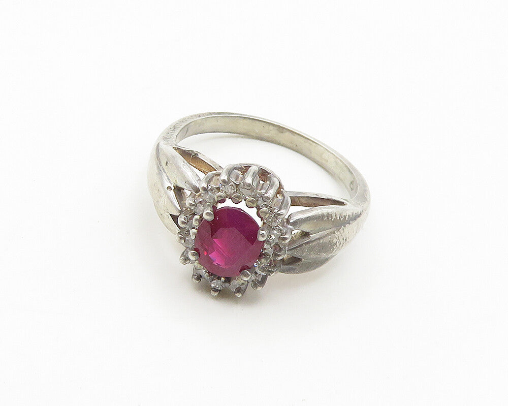 925 Sterling Silver  Vintage Ruby & Topaz Floral Shiny Band Ring Sz 6  RG18539