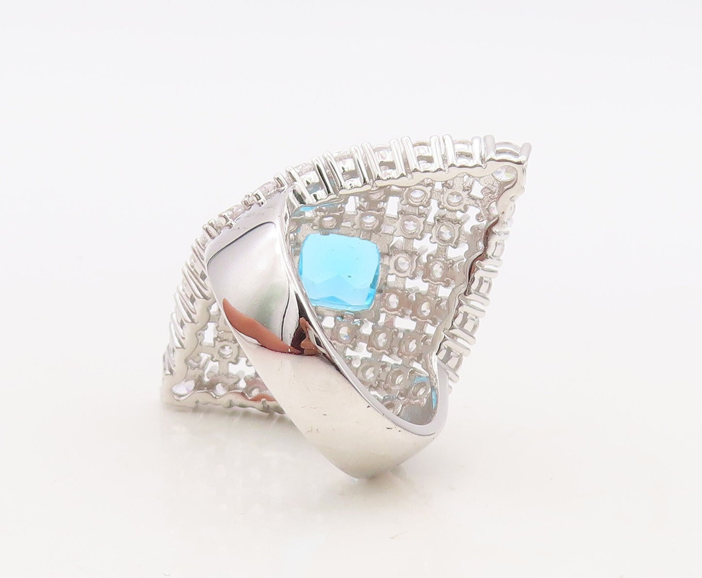 925 Sterling Silver Vintage Ring Designer Large Blue & White CZ  Sz 7 RG30505
