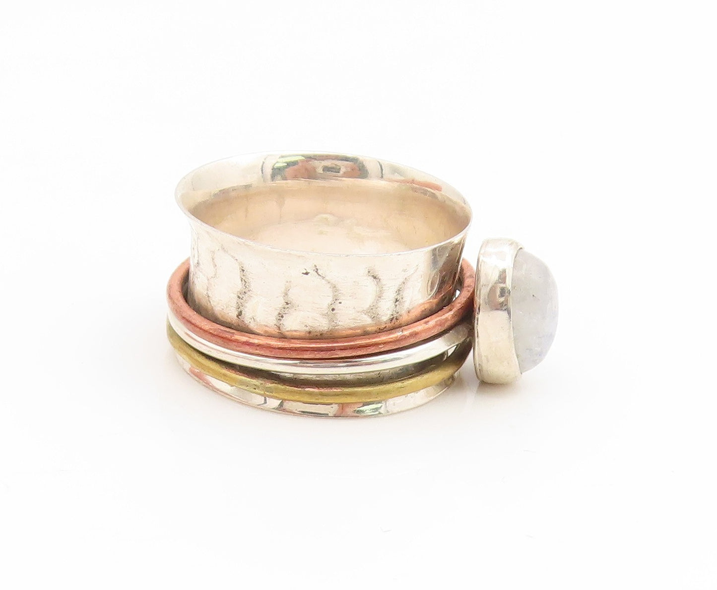 925 Sterling Silver Vintage Ring Moonstone Hammered Spinner Band  Sz 7  RG35140