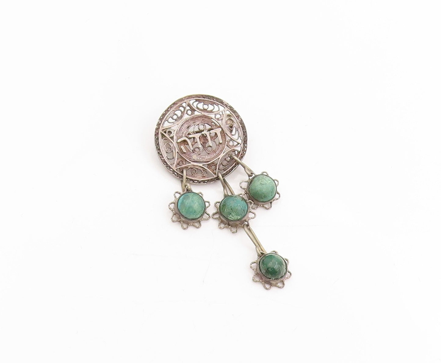 925 Sterling Silver Vintage Brooch Cabochon Turquoise Bohemian Dangling  BP12033