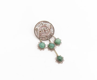 925 Sterling Silver Vintage Brooch Cabochon Turquoise Bohemian Dangling  BP12033