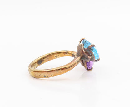 925 Sterling Silver Vintage Ring Gold Plated Amethyst & Blue Topaz Sz 10 RG34265