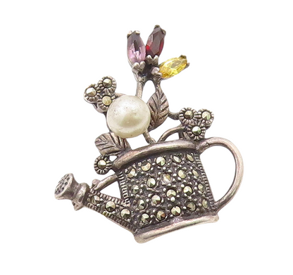 925 Sterling Silver Vintage Brooch Pin Pearl Topaz Flower Watering Jug  BP11274