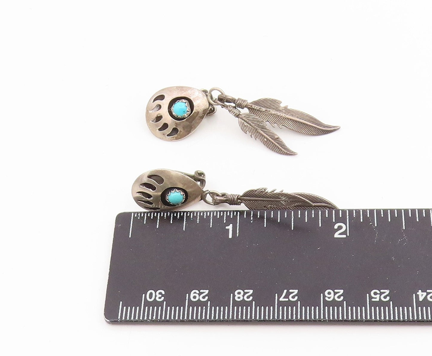 925 Sterling Silver Vintage Earrings NAVAJO  Turquoise Bear Paw Feather  EG14167