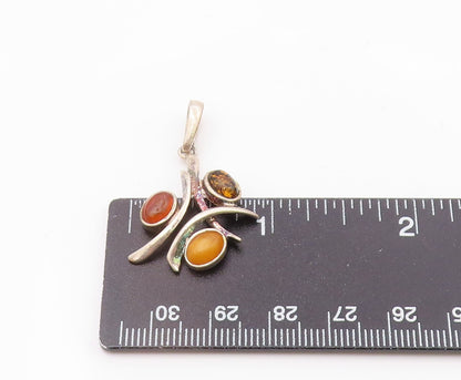 925 Sterling Silver  Vintage Cabochon Cut Amber 3 Stone Pendant  PT15701