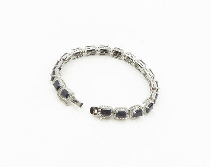 925 Sterling Silver  Shiny Prong Set Sapphire Hinge Chain Bracelet  BT7341