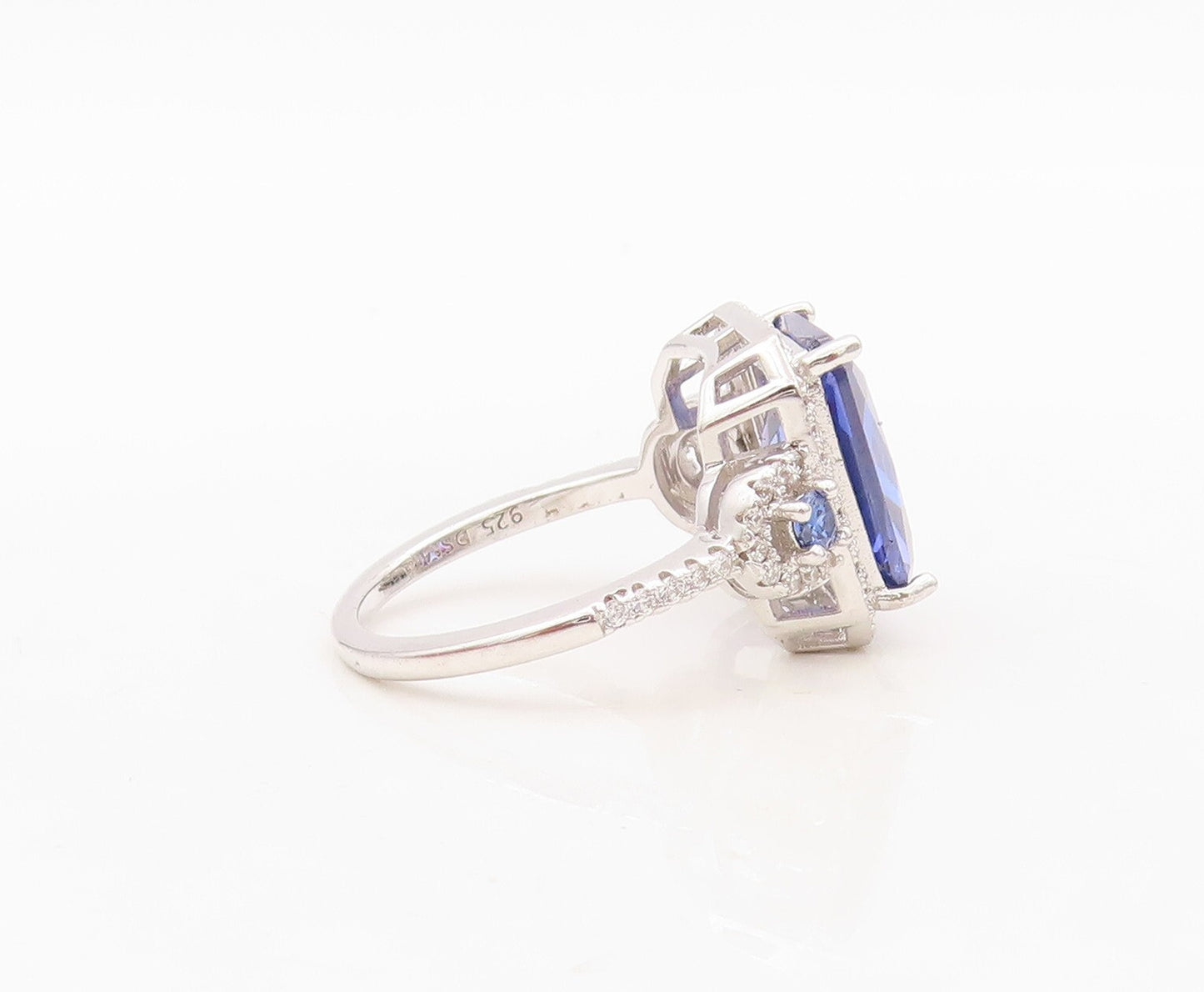 925 Sterling Silver Vintage Ring Square Cut Sapphire Halo CZ  Sz 7  RG30418