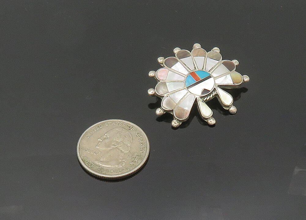 ZUNI NAVAJO 925 Silver Vintage Mother Of Pearl Multi Stone Brooch Pin BP8015