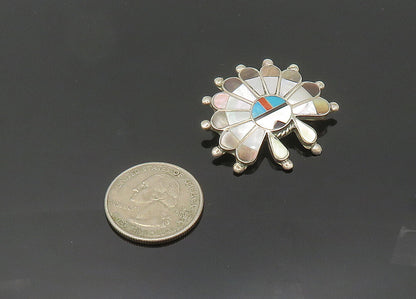 ZUNI NAVAJO 925 Silver Vintage Mother Of Pearl Multi Stone Brooch Pin BP8015