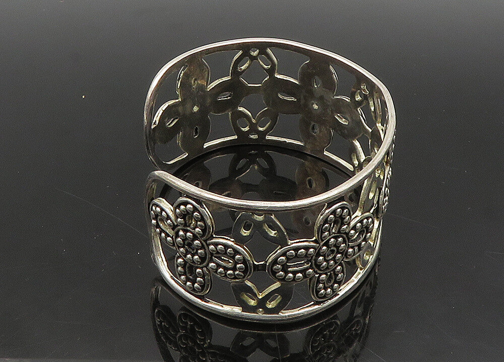 925 Sterling Silver  Vintage Shiny Retro Flower Motif Cuff Bracelet  BT8029