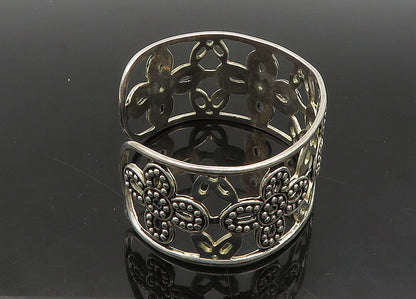 925 Sterling Silver  Vintage Shiny Retro Flower Motif Cuff Bracelet  BT8029