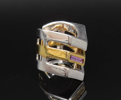 925 Silver  Vintage Two Tone Open Pointed Amethyst Solid Ring Sz 6.5  RG25731