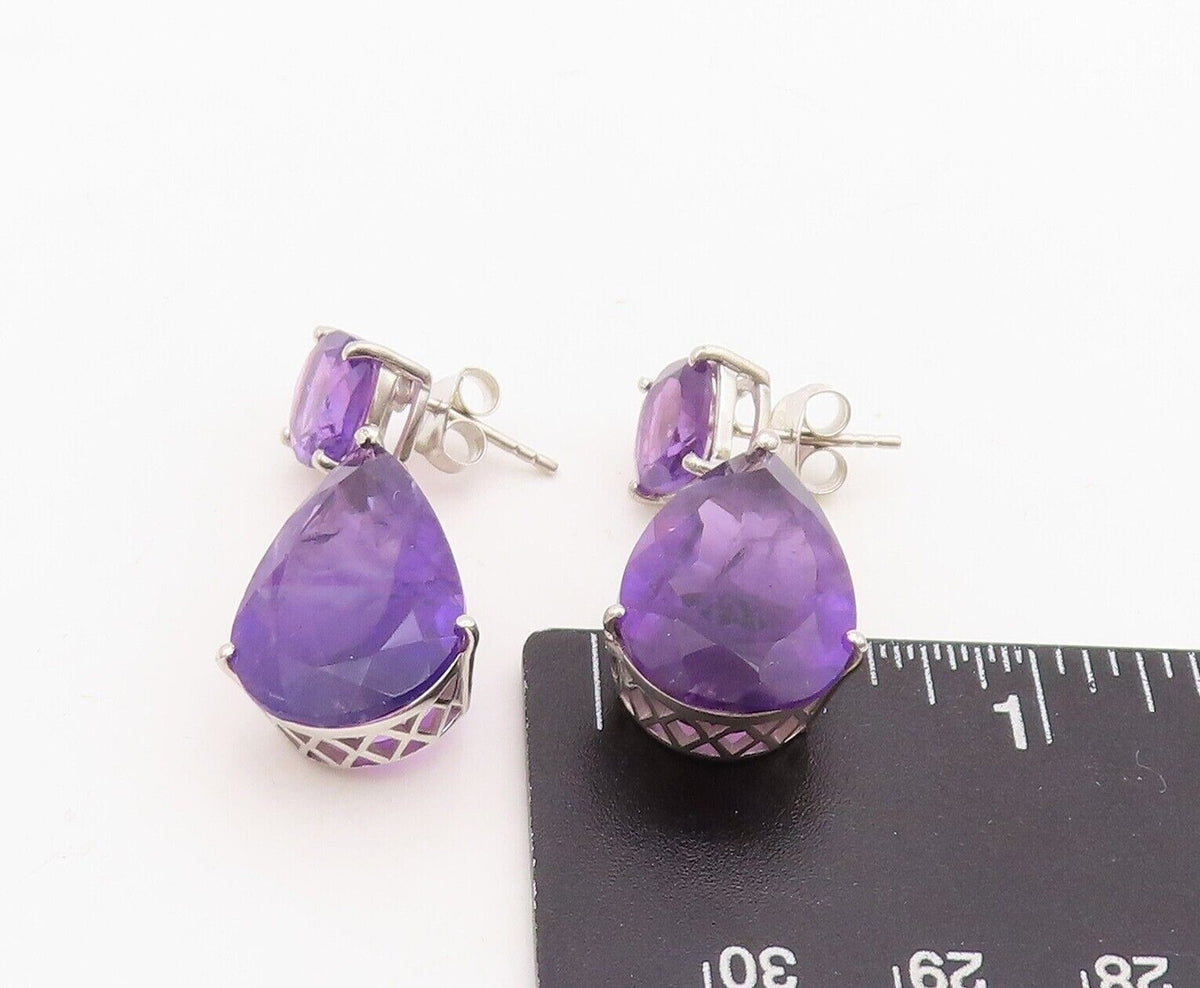 925 Sterling Silver Vintage Earrings Square & Drop Cut Dangling Amethyst EG13157