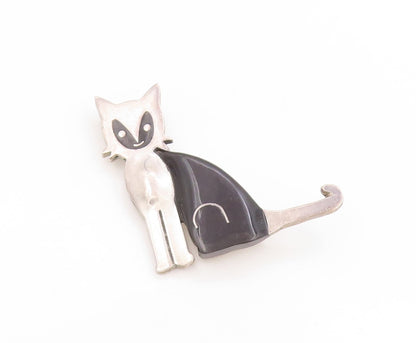 925 Sterling Silver Vintage Brooch Pin MEXICO Onyx Modernist Walking Cat BP12263